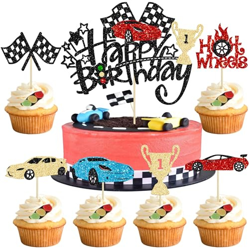 25Pcs Race Car Happy Birthday Cake Topper Sets Traffic Light Wheel Trophy Flag Helmet Racing Car Cupcake Toppers for Let's Go Racing Theme Baby Shower Boys Birthday Party Supplies