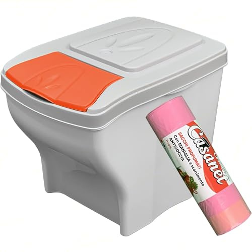 Sicignano Pattumiera Singola Raccolta Differenziata, 20 Lt, Plastica - Coperchio Colorato, Design Ondulato, Componibile, Sottolavello - Omaggio 15 Sacchetti Immondizia Profumati (Rosso, 1)