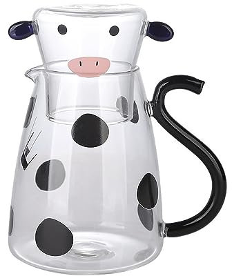 Nachttisch-Wasserkaraffe aus Glas mit Glas-Set, Niedliche Cartoon-Kuh-Form, Nachttisch-Karaffe, Krug mit Tasse für Milch, Wasser, Limonade, Saft, Nachttisch, Mundwasser, Dekanter,(1800 ml)