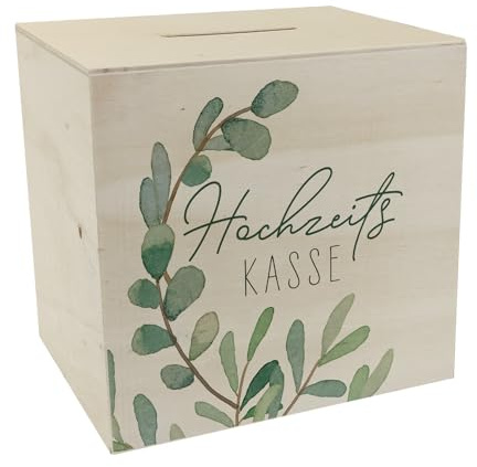 Hochzeitskasse Eukalyptus Spardose aus Holz Liebes Brautpaar Hochzeitsgeschenk Flitterwochen-Fundus Deko Heirat heiraten Spaß Boho-Motiv