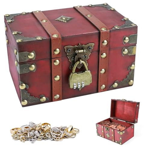 Drufoful Vintage Holz Schatztruhe, Holz Schatztruhe Klein mit Zahlenschloss,Holz Aufbewahrung Schatzkiste, Schatztruhe Kinder für Aufbewahren und Dekorieren Geschenke 18 x 11 x 10cm