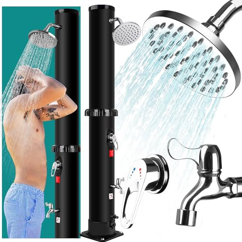 Qdreclod Solardusche 35 Liter Solar Gartendusche Aussendusche mit Base Pooldusche Regendusche Außendusche Garten Brause Warmes Wasser max. 60°C Pooldusche Camping mit Regenduschkopf und Wasserhahn