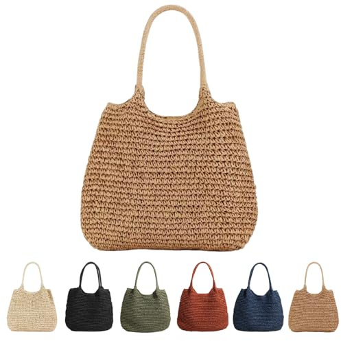 CXINLky Damen Sommer-Strohtasche, Sommer Stroh Shopper Strohtasche Große Kapazität Strandtasche Boho Geflochtene Tasche Korbtasche Tote Bag Straw Beach Bag
