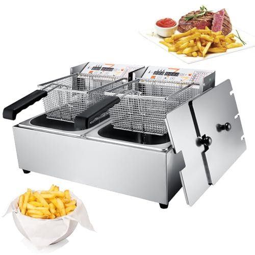 12 L Freidora Eléctrica Comercial, 6000W, acero inoxidable, freidora industrial hosteleria con 2 Cestas para Freír Tapas Temperatura Ajustable 60℃-200℃ drenaje de aceite extraíble