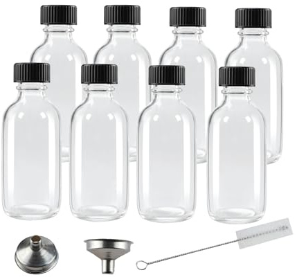 XHPHAPACK Lot de 8 petites bouteilles à shot rondes en verre transparent de 60 ml avec couvercles, mini bouteilles essentielles de voyage adaptées pour jus de fruits, potions, whisky et autres