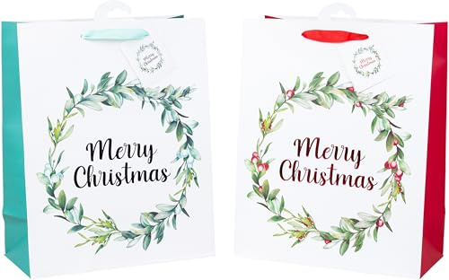 HEKU 24 XL Weihnachts-Geschenktaschen, 33x26x13cm I Merry Christmas Kranz mit Hotfoil-Veredelung I Zwei Farben I Inklusive Klappkärtchen I Hochwertiges Papier I Ideal für große Weihnachtsgeschenke
