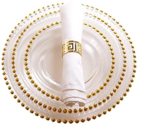 Bafnsiji Set of 3 Glass Charger Plate, Clear Glass Beaded Charger Plate, Decorative Charger Plates, Gold Beaded Design Glass Plates, Wedding Events Tableware Decor