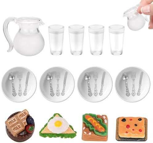 Küche Puppenhaus Zubehör, 25 PCS Miniatur Zubehör, Puppenhaus Geschirr, Miniatur Puppenhaus Zubehör, Wichtel Zubehör, 1/12 Mini Teller, Geschirr, Milchkännchen, Wasserbecher (B)