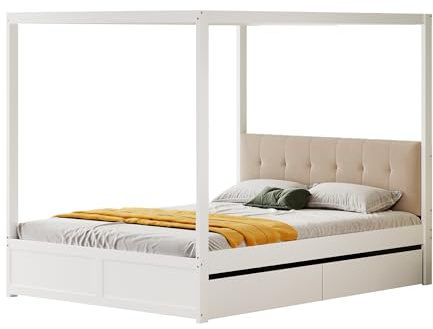 Zenithpath Himmelbett 140×200 cm mit großen Schubladen und weicher Rückenlehne, Holz Bett, Weiß