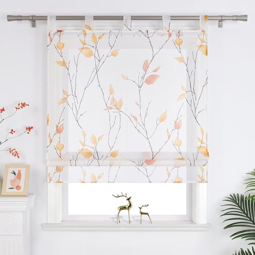 Joyswahl Raffrollo mit Schlaufen Landhausstil Raffgardinen Orange 140x140 | Schlaufenrollo Wohnzimmer, Transparent, Blatt- und Blumenmuster, 1er Pack, Fenster Vorhänge Leinenoptik, Fensterrollo innen