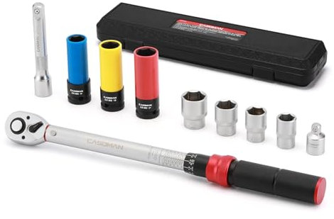 CASOMAN 10 PCS 1/2 Drive Torque Wrench Set, 20-230Nm Dual-Direction Adjustable, with Extension Bar, Adapter, and Impact Sockets