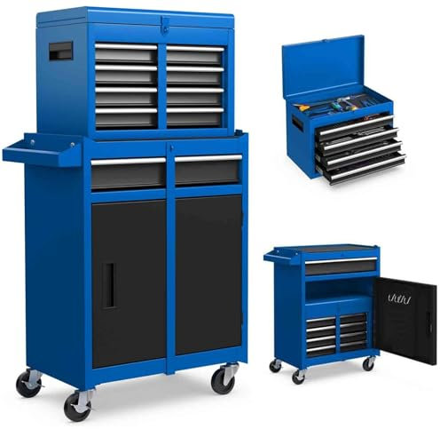 HOMFME Rolling Tool Cabinet, 2 in 1 Detachable Tool Chest with Drawers, Wheels, Hooks, Side Handle, Lockable Metal Tool Box Cart Trolley for Garage Workshop (Blue+Black)