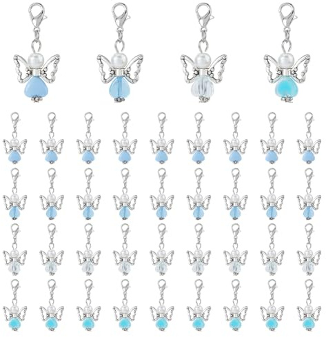 SUPERFINDINGS 40Pcs 4 Colors Angel Wing Charms Guardian Angel Charms Blue Fairy Dangle Pendants Clip On Charms Acrylic Heart Beads Charms with Lobster Clasps for DIY Keychain Bag Pouch Purse