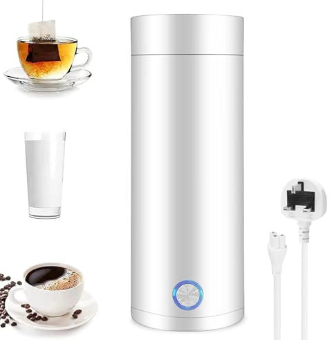 QCXWCJWD Small Travel Kettle Electric, 400ML Portable 3-in-1 Electric Heating Cup, Fast Boil & Auto Shut Off, Stainless Steel, White