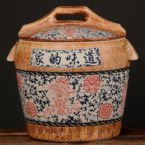 EKDJSN Ceramic Rice Bucket, Ceramic Food Storage Containers, Ceramic Rice Container with Lids With Handle, Traditional Chinese Style Rice Jar, Rice Cylinder Food Dispensers(Brown A,25kg)