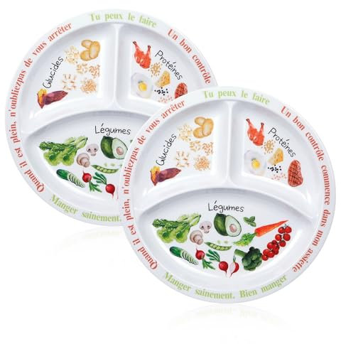 Yuecda Plato de control de porciones para una dieta equilibrada, plato de alimentación saludable para adultos y adolescentes, divisiones de melamina, pérdida de peso, diabetes (texto en francés) (2)
