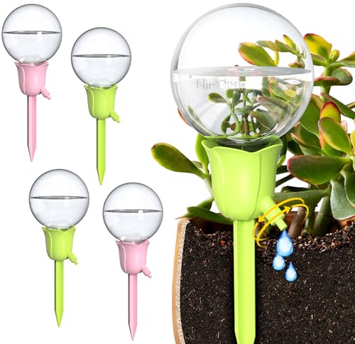 NiHome 4PCS Self-Watering Globes for Indoor & Outdoor Plants, Adjustable Flow Automatic Drip Irrigation Bulbs w/Tulip Stakes for Potted Plants, Succulents, Hanging Baskets, Gardens (2 Pink + 2 Green)