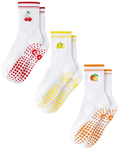 Yawlsow Pilates Stopper Socks for Women Yoga Non-Slip Grip Socks Cute Reformer Pilates Non-Slip Socks with Nubs for Ballet Barre Dance Trampoline Hospital Fitness Home, 3 Pack Cherry Lemon Orange, One
