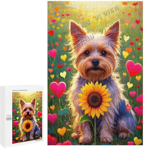 1000 pcs Wooden Jigsaw – Yorkshire Terrier and Sunflower – Lovely Puzzle for Adults Seeking Calmness and Joyful Home Décor