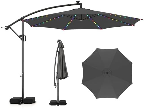 COSTWAY Parasol Déporté Professionnel 3x3 m, Parasol de Jardin Extérieur 96 LED Solaire 9 Modes, Protection UV, Manivelle, 2 Sacs de Sable, Inclinable, pour Balcon, Terrasse, Piscine (Gris)