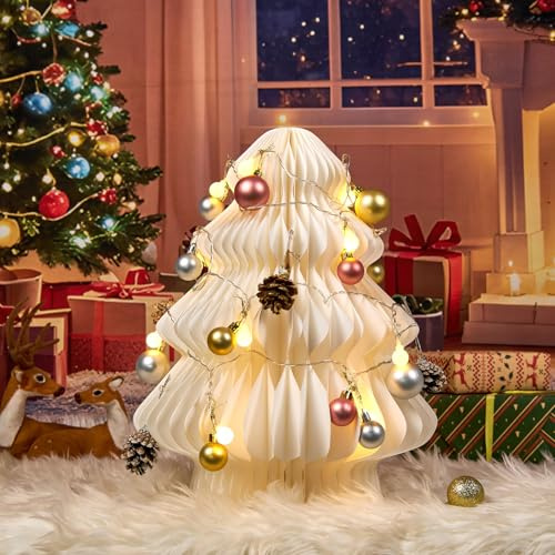 SUNBEAUTY 42cm Papier Weihnachtsbaum Lampe Deko Weiß 3D Waben Papiertannenbäume mit Tannenzapfen Weihnachtskugel Aufhängen Deko Weihnachtsdekoration für Esstisch Fensterbank Kaminsims das Schlafzimmer