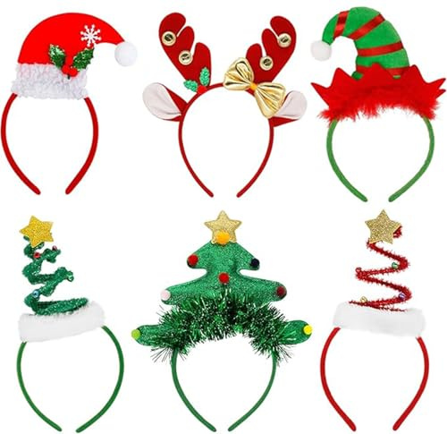 UCKriito Weihnachts Haarreif, 6 Stück Kopfschmuck Weihnachten, Weihnachtsbaum-Stirnband mit Glöckchen, Weihnachtsbaum-Kopfkappe, Stirnband für Weihnachten und Urlaubszubehör