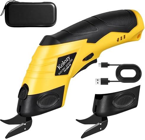 Kolozy Ciseaux Électriques Tissu Couture 4V 2500mAh Rechargeables Cutter Universel pour Carton, Tissu, Cuir, Tapis Outil Coupe Sécurisé avec 2 Lames Rechange, Idéal pour Couture, Bricolage, Recyclage