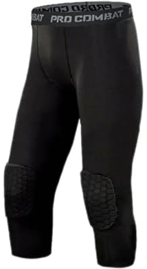 UJEDFHV Mens Leggings Men's Safety Anti-Collision Pants Basketball Training 3/4 Tights Leggings with Knee Pads Protector Sports Compression Trousers(Black,XL)
