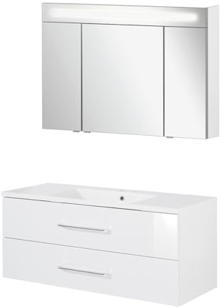 FACKELMANN B.Clever 3-teiliges Möbel-Set – Waschtischunterschrank, Gussmarmorbecken & Spiegelschrank, LED-Beleuchtung – Made in Germany