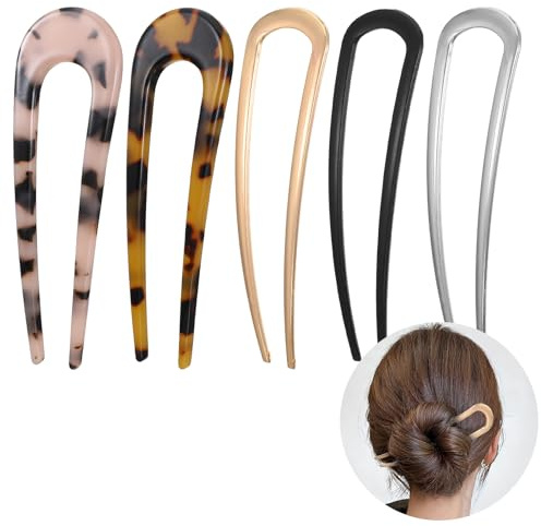 5 Stück French Hair Pin,U Förmige Französische Haarnadel,French Twist Hairs Pin,Vintage Frenchn Hairs Pins,Haarspangen für Frauenn Mädchen Haar Style(Gold Silber Schwarz Schildpatt)