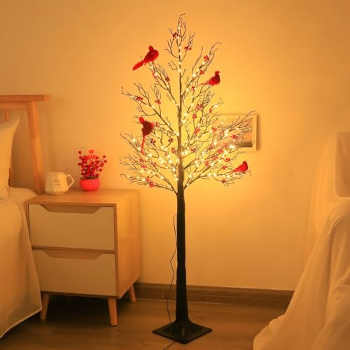 OOWOKS Árbol luminoso vintage con cardenales y bayas, 2025 Nueva iluminación LED para árbol con cardenales con mandos a distancia, abedul blanco con bayas, 8 modos de ramas ajustables, luz para árbol