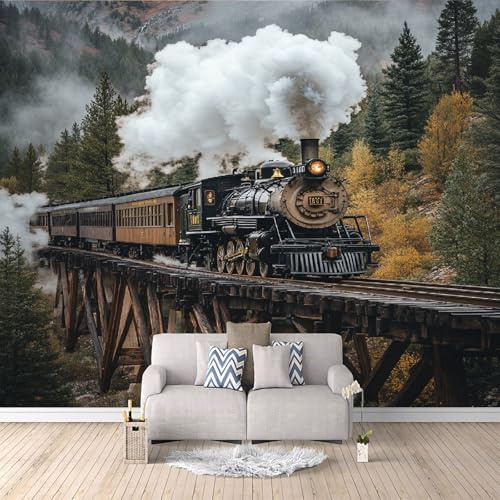 Générique Papier Peint Panoramique 3d Train à Vapeur Rétro Décoration murale Forêt Dense papier peint non tissé décoration chambre TV mur salon papier peint-300x210cm