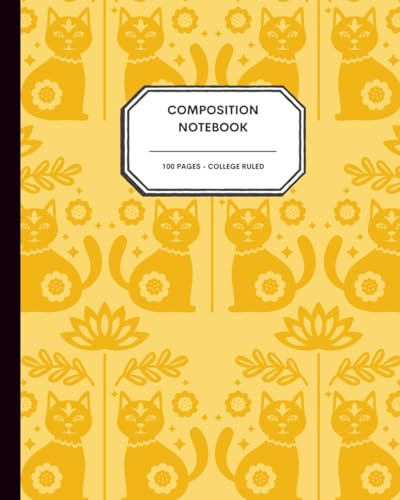 Scandinavian Folk Art Cat Notebook – 8x10” – 100 College Ruled Pages – Traditional Nordic Yellow Cat Pattern for Writing, Journaling & School