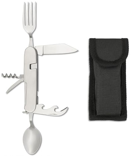 Navaja multiusos de acero inoxidable | Longitud (10,5 cm) con 7 funciones (Tenedor,Cuchara, Navaja, Sacacorchos, Abridor de botellas, Aguja y Doblacables.