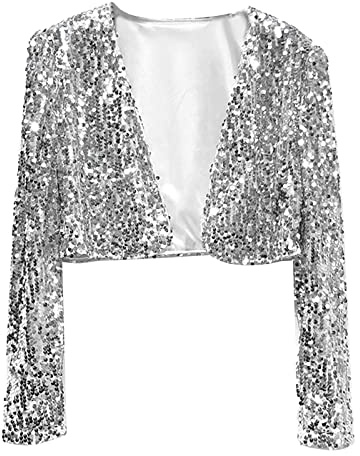 Generisch Boléro à paillettes brillantes pour femme - Cardigan à manches longues - Cape de soirée - Vintage - Col en V - Manches courtes, argenté, taille unique