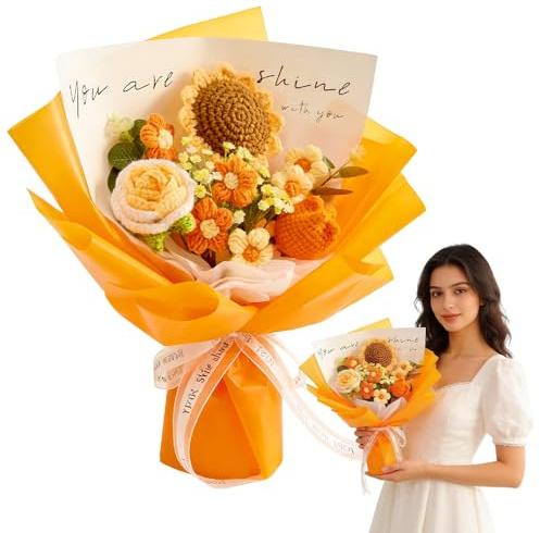 Wxeadu Crochet Flowers Bouquet, Handmade Crochet Flower Bouquet with Gift Bag & Card, Knitted Flowers Gelsemium, Rose, Forget-me-not for Mom/Anniversary/Graduation/Home Decoration/Wedding (Yellow)