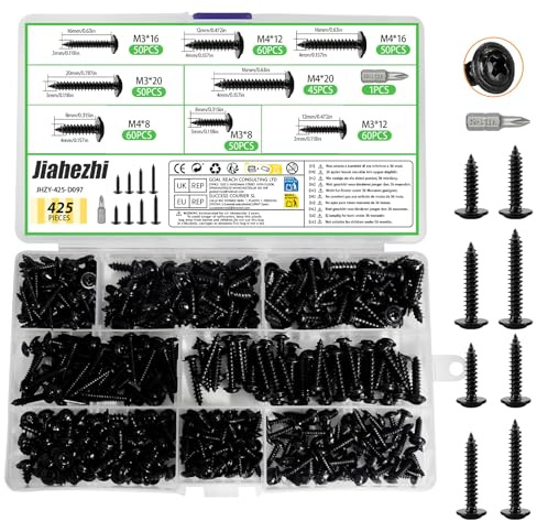 425 Pcs Self-Drilling Screws Set, M3 M4 Cross Pan & Flat Head Self Tapping Screws for Wood, Metal & Plastic Fastening for DIY Projects, Home Improvement & Woodworking, Black
