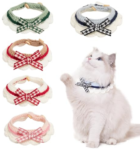 5 Stück Katzen Halsbänder, Süße gehäkelte Katzenhalstücher, S | Verstellbare Haustier-Lätzchen mit Schleife und Knopf, Milchbaumwolle Dekoratives Haustierhalsband für Kätzchen, kleine Hunde
