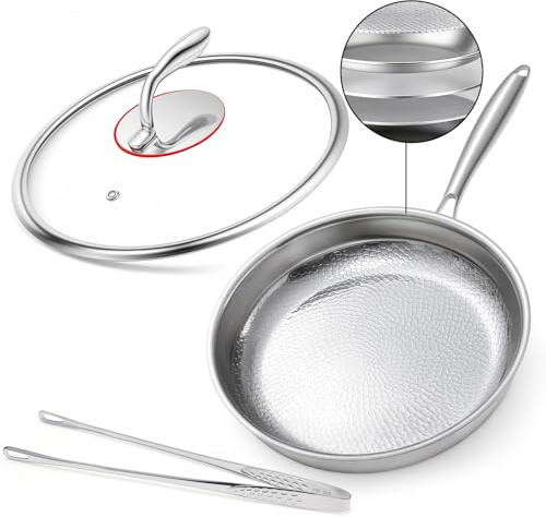 AVOWB.T.Q 12 Inch Titanium Nonstick Frying Pan, 5-Layer Hammered Titanium-Alloy Skillet with Lid, PFOA/PFOS/Lead/Cadmium Free, Oven & Dishwasher Safe, Induction Cooktop Compatible