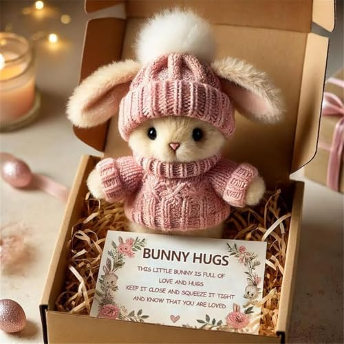 Generisch Mini Bunny Hug Cute Easter Gift, 2026 Neu Plüsch Hase Ostergeschenk für Kinde, Handgefertigtes Osterhasen Plüschtier mit positiver Karte in Geschenkbox für Ostern Familie Freunde (1pc-rosa)