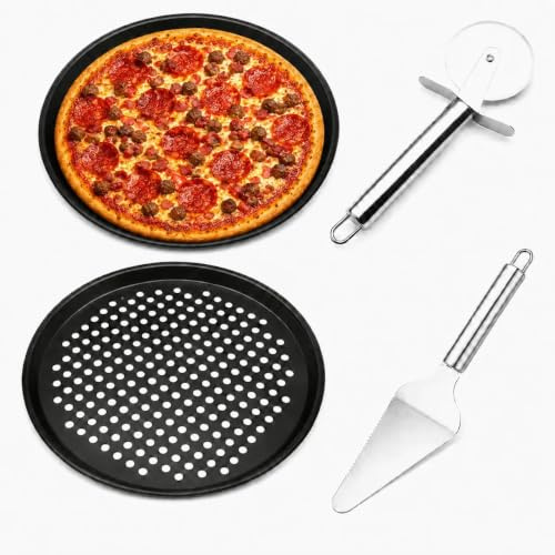 4 Pcs Pizza Tray Set, Pizza Trays for Oven with Cutter and Cake Server | Carbon Steel,12.4‘’ Perforated Non-Stick Design,for Home Kitchens Pizza Parties,Home Bakers Pizza Lovers,Cooking Enthusiasts