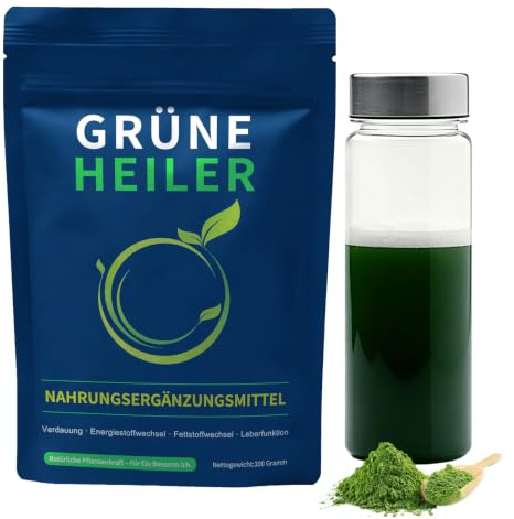 Grüne Entgiftungspulver, 200g Superfood Helfer Pulver mit Spirulina, Gerstengras, Chlorella, Inulin, Cholin, Probiotika & Heidelbeere für Verdauung, Energiestoffwechsel, Fettstoffwechsel & Leber