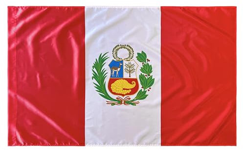 Bandera de Perú para Exterior e Interior, Rojo y Blanco con Escudo, (Satén multicolor 150 x 90 cm)