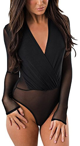 SEBOWEL Body Femme Sexy col V en Maille Transparente à Manches Longues, Justaucorps à Manches Longues, T-Shirt Club Party Bodycon Blouse (M, Noir)