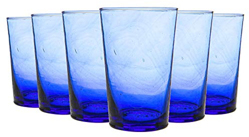Nicola Spring 6pc Meknes Highball Glasses - 325ml - Blue Glass - Hand-Blown Moroccan Tumbler Glasses for Juices, Cocktails, Water, Home, Kitchen, Bar, Restaurant, Dining Table, Gift Set