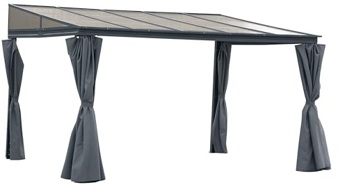 Outsunny 4 x 3(m) Outdoor Hardtop Gazebo with Curtains, Lean to Aluminium Pergola with Polycarbonate Roof, Garden Pavilion Sun Shade Shelter, Grey