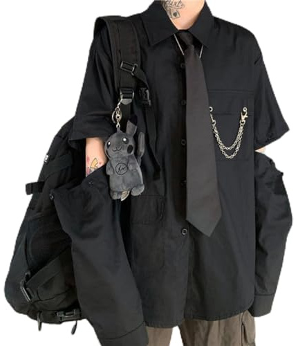CHOUX Graue Hemden Damen Harajuku Abnehmbare Ärmel Übergroße Gothic-Bluse mit Krawatte Vintage Streetwear Punk Herbst Shirt - Schwarz, XXL