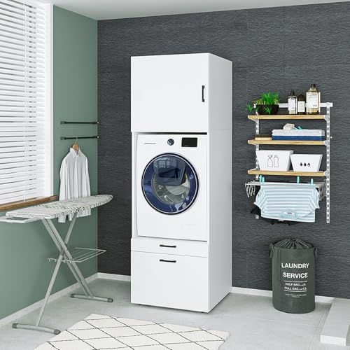 ROOMART , Armoire pour machine à laver avec armoire, tiroir et plateau coulissant, blanc, chêne noir, structure de machine à laver (armoire + plateau (62 cm), blanc)