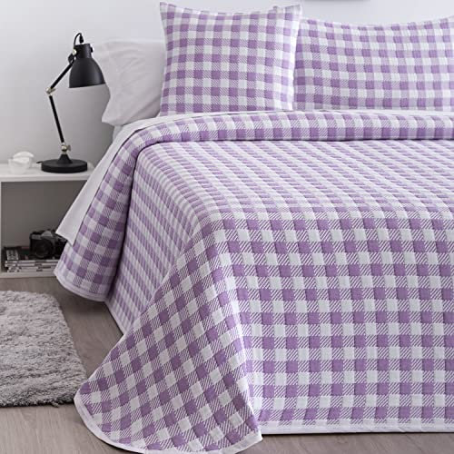 BarceloHogar Colchas Bouti 105 cm Suave. Colcha Fina Entretiempo. Cubre Cama Reversible Elegante. Colcha Edredon Otoño. Resistente Jacquard Cuadros Lenzo 105 cm Lila