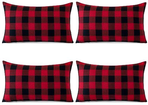 Sungeek 4er Set Weihnachten Kissenbezüge, Plaid Dekorativ Zierkissenbezüge Kissenbezug Deko Bezug Tartan Kissenhülle für Sofa Couch Schlafzimmer Wohnzimmer (30x50 cm, Rot + Schwarz)